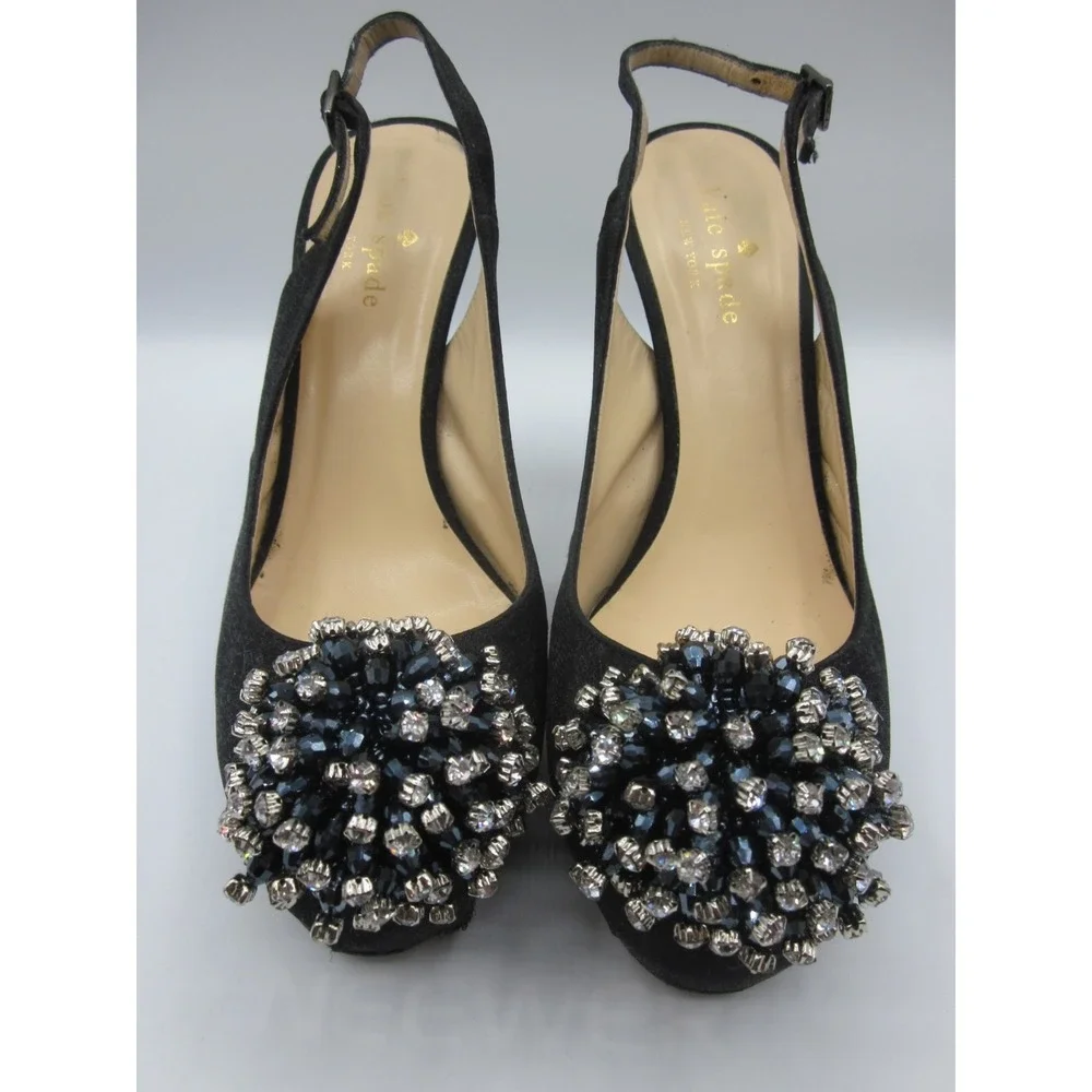Black canvas w/ crystal burst trim toe Kate Spade slingback sandal Sz 7